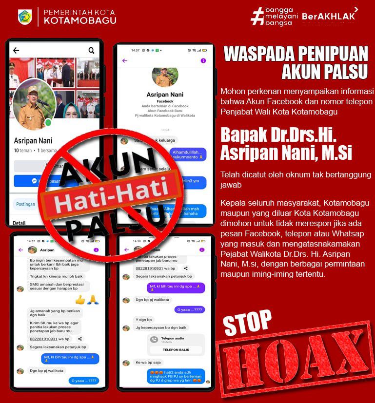 Akun palsu catut nama Pj.Wali Kota Kotamobagu, Asripan Nani untuk coba lakukan penipuan, (Foto: Diskominfo KK).