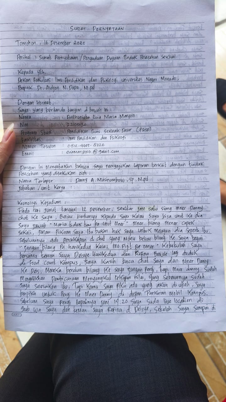 Isi surat terakhir mahasiswi UNIMA dan dugaan pelecehan oleh dosen